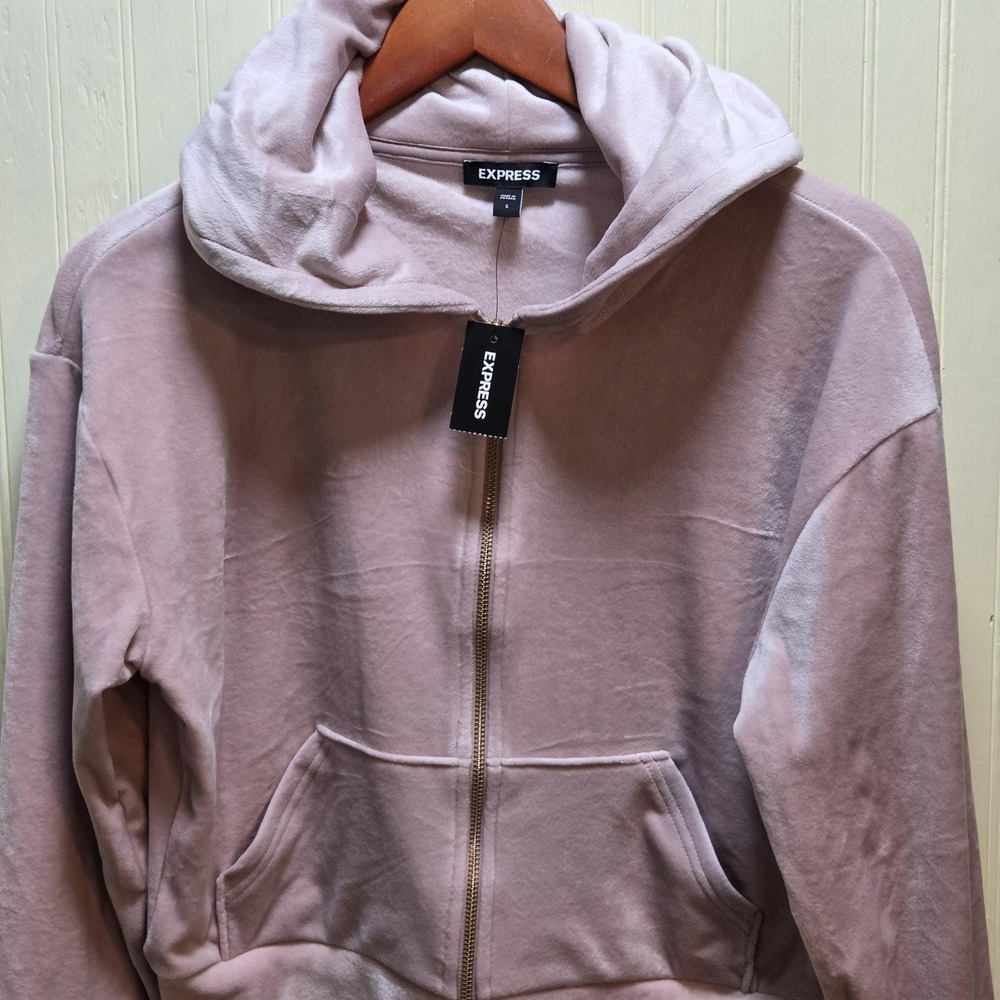Express Hoodie Womens Small Pink Velour Full Zip Cropped‎ Kangaroo Pockets